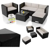 Juskys Polyrattan Lounge Punta Cana L schwarz – Gartenlounge Set für 4-5 Personen – Sitzgruppe mit Sessel, Sofa, Tisch & Hocker - Sitzbezüge Creme