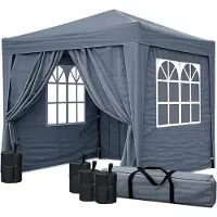 Quick Star Faltpavillon 2 x 2 m Smoky Grau mit 4 Fußgewichten, 4 Easy-Klett Seitenwände (2 Reißverschlüsse, 2 Fenster), Pop Up Pavillon Faltbar, mit Tragetasche