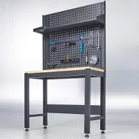 Datona PREMIUM Werkbank 119 cm, Eichen-Arbeitsplatte doppelt lackiert & schallreduzierend, höhenverstellbar, inkl. Lochwand