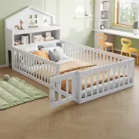 Flieks Kinderbett Hausbett 90x200cm mit Lattenrost, Bodenbett Spielbett mit Tür und Staufach, Einzelbett Holzbett mit Tafel, Weiß