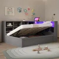 STILVORA 90x200 Schlafsofa mit USB-Steckdose und TYPE-C,Tagesbett mit Staufächern und LED-Licht,Einzelbett hydraulisches Bett für Gäste,Kinder oder Jugend,Grau(mit Matratze)