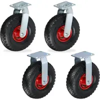 Relaxdays 2x Bockrolle + 2x Lenkrolle Set, luftbereiftes Schwerlastrad, 3.00-4, Transportrollen 120 kg, schwarz/rot