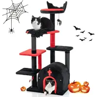 Goplus Kratzbaum groß, Gothic Katzenbaum, 6-stöckig mit 3 Sprungplattformen & privatem Bogen-Katzenhaus, Bommel & Federbällen, Klettermöbel für Katze
