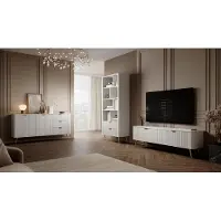 Meble Laski Wohnzimmer Möbelset Lante Weiß – 3-teilig, geriffelte Fronten, Kommode + Regal + TV-Lowboard, modern & elegant