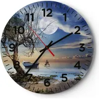 ARTTOR Wanduhr - Rund - Glasuhr - Nacht Mond Boot - 30x30cm - Schleichendes Uhrwerk - Lautlos - zum Aufhängen bereit - Dekoration Modern - Wanddekoration aus Glas - C4AR30x30-3457