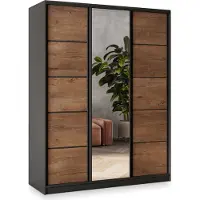Masseno Schiebetürenschrank NATA 160/205/58 cm Kleiderschrank mit 4 Schubladen Schlafzimmer Schrank 3-türig mit Spiegel Schwarz / Eiche Lefkas