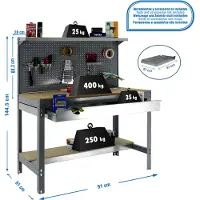 Simonwork (bancos De Trabajo) PROREGAL Werkbank BUFFALO mit Werkzeugwand, Schubfach und Ablage | HxBxT 84x90x61cm | Traglast 400kg | Grau