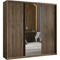 Masseno Schiebetürenschrank ORRA 200/205/60 cm Kleiderschrank mit Spiegel und Lamellen, 4 Schubladen Schlafzimmer Schrank 3-türig Eiche Lefkas + Schwarz