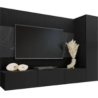 Mirjan 24 Wohnwand Deromi VI, Wohnzimmer Möbel Set, Griffloses Öffnungssystem push to open, 3er-Set (Farbe: Schwarz / Schwarz + Schwarz Marmor)