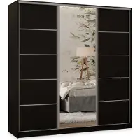 Masseno Schiebetürenschrank PINA 180/205/58 cm Kleiderschrank mit 4 Schubladen Schlafzimmer Schrank 3-türig mit Spiegel Schwarz