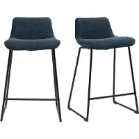 Miliboo - Barhocker aus dunkelblauem samtigem Stoff mit texturiertem Effekt und Metall H65 cm (2er-Set) BOOST
