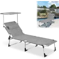 UISEBRT Wetterfester Sonnenliegestuhl mit verstellbarer Markise & 100 kg Tragkraft – Faltbarer Garten-Liegesessel für Terrasse & Camping(Leinen-Grau)