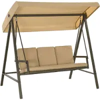 Outsunny Hollywoodschaukel 3-Sitzer Schaukelbank mit Verstellbarem Dach, Schwingbank mit Rückenkissen, Gartenschaukel bis 360 kg Belastbar, Beige, 200 x 125 x 175 cm