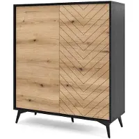 Bettso Hohe Kommode DIAMOND – Gefräte Jodeh-Muster – PUSH TO OPEN – Eiche Evoke + Schwarz Matt – 2 Türen – 5 Schwarze Metallbeine 104x105x39 cm