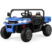 Costway 2 Sitzer Elektroauto mit automatischer Ladefläche, 12V Kinder Muldenkipper 3-8km/h mit Musik Hupen Scheinwerfer Fernbedienung & Schaufel Blau