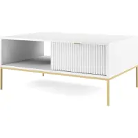 Bettso Couchtisch Kaffetisch mit Ablage und Geriffelt Schubladen Goldgriff NOVA Weiß auf Goldbeinen