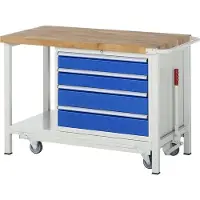 RAU Mobile absenkbare Werkbank, Ablageboden, 4 XL Schubladen - Teilauszug - 120:2 / 150:2 - 880 x 1.250 x 700 mm (HxBxT) - Traglast 1.250 kg - Buche
