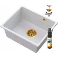 Granitan - Granitspüle - Spülbecken 46x37,5 cm - Küchenspüle Weiß - mit Siphon Gold - MANADO