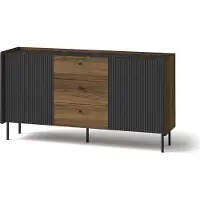 Bettso Breite Kommode mit geriffelter Front PRESTIGO 150 x 78 cm Schwarz + Nussbaum