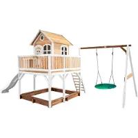 Axi Spielhaus Liam mit Sandkasten, Nestschaukel & weißer Rutsche | Stelzenhaus XXL in Braun & Weiß aus Holz für Kinder | Spielturm mit Wellenrutsche & Schaukel für den Garten