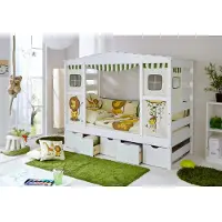 Aileenstore Hausbett Hochbett Spielbett Massivholz Kiefer Weiss Safari, Bettkasten:Maria