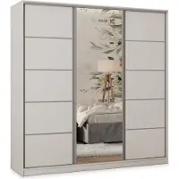 Masseno Schiebetürenschrank PINA 200/205/58 cm Kleiderschrank mit 4 Schubladen Schlafzimmer Schrank 3-türig mit Spiegel Weiß