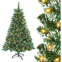 JOIEYOU PVC Künstlicher Weihnachtsbaum 180cm mit Beleuchtung, Grün Astspitzen, Schnee Kiefernzapfen & Metall Ständer Tannenbaum Künstlich Schnellaufbau Klappsystem für Weihnachten Dekoration