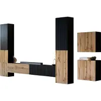 Mirjan 24 Wohnwand Capital V, Große Anbauwand, Wohnzimmer-Set (Farbe: Schwarz / Schwarz + Wotan Eiche)