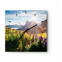 ARTTOR Wanduhr - Quadrat - Glasuhr - Berge Wiese Blumen - 40x40cm - Schleichendes Uhrwerk - Lautlos - zum Aufhängen bereit - Dekoration Modern - Wanddekoration aus Glas - C3AC40x40-4008