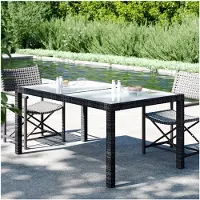 Markenlos Gartentisch aus Poly Rattan, 150x90x75 cm, mit gehärteter Glasplatte, Schwarz