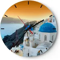 ARTTOR Wanduhr - Rund - Glasuhr - Santorini Griechenland Urlaub Insel - 30x30cm - Schleichendes Uhrwerk - Lautlos - zum Aufhängen bereit - Dekoration Modern - Wanddekoration aus Glas - C3AR30x30-2529