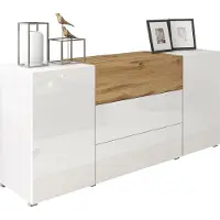 Mirjan 24 Türkommode Berlin 150, Stilvoll Wohnzimmer, Kommode mit zwei Drehtüren und drei Schubladen (Farbe: Weiß / Wotan + Weiß Hochglanz / Wotan)