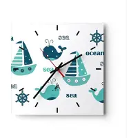 ARTTOR Wanduhr - Quadrat - Glasuhr - Wale Schiffe Kinder Seesterne - 30x30cm - Schleichendes Uhrwerk - Lautlos - zum Aufhängen bereit - Dekoration Modern - Wanddekoration aus Glas - C3AC30x30-2913
