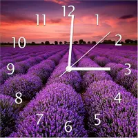 Wallario Design Wanduhr Lavendelfeld unter rotem Himmel aus Echtglas, Größe 30 x 30 cm