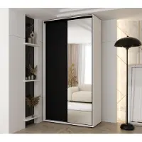 MINIO go for it , Kleiderschrank VADO, 130x235,2x45 cm, 2 Schiebetüren (1 Spiegel), 6 Einlegeböden, 2 ausziehbare Metallstangen, Weiß/Schwarz matt
