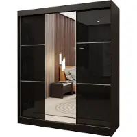 Masseno Schiebetürenschrank VITALE 180 cm Kleiderschrank Schlafzimmer Schrank 3-türig mit Spiegel und Lacobel Schwarz