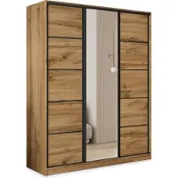 Masseno Schiebetürenschrank PINA 150/205/58 cm Kleiderschrank mit 4 Schubladen Schlafzimmer Schrank 3-türig mit Spiegel Eiche Wotan