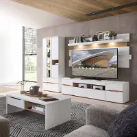 Lomadox Wohnzimmer Set mit Couchtisch und LED-Beleuchtung, weiß supermatt mit Eiche, 4-teilig - MANRESA-36