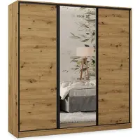 Masseno Schiebetürenschrank TARI 200/205/58 cm Kleiderschrank mit 4 Schubladen Schlafzimmer Schrank 3-türig mit Spiegel Eiche Artisan