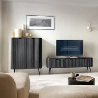 Lomadox Wohnzimmer Set schwarz gerillt, Highboard und Lowboard, Füße schwarz, ZARA-160