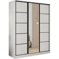 Masseno Schiebetürenschrank PINA 160/205/58 cm Kleiderschrank mit 4 Schubladen Schlafzimmer Schrank 3-türig mit Spiegel Weiß