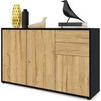 Vladon Sideboard Ben V3, Kommode mit 3 Türen und 2 Schubladen, Schwarz matt/Eiche Natur (117 x 74 x 36 cm)