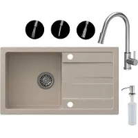 VBChome Spülbecken mit Armatur 77 x 44 cm Beige Einzelbecken Einbauspüle Abtroffläche Gesprenkelt Reversibel Granitspüle Siphon Spülmittelspender Armatur