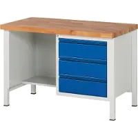 RAU Werkbank, Werktisch, Buche-Massiv-Platte 40 mm, höhenverstellbar 840 - 1.040 mm, Tiefe 700 mm, 3 Schubladen, Breite 1.250 mm