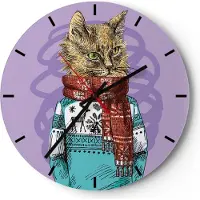 ARTTOR Wanduhr - Rund - Glasuhr - Katze Schal Illustration hipster - 30x30cm - Schleichendes Uhrwerk - Lautlos - zum Aufhängen bereit - Dekoration Modern - Wanddekoration aus Glas - C3AR30x30-3201