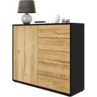 Vladon Sideboard Ben V2, Germany, Kommode mit 1 Tür und 5 Schubladen, Schwarz matt/Eiche Natur (79 x 74 x 36 cm)