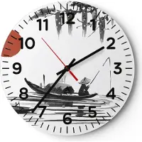 ARTTOR Wanduhr - Rund - Glasuhr - China Angler Zeichnen - 30x30cm - Schleichendes Uhrwerk - Lautlos - zum Aufhängen bereit - Dekoration Modern - Wanddekoration aus Glas - C4AR30x30-4340