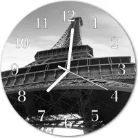 Tulup Glasuhr Wanduhr Küchenuhr Echt-Glas 30fi cm Eiffelturm Paris schwarz-weiß
