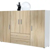 Vladon Highboard Nora Anrichte mit 2 Schubladen und 4 Türen mit insgesamt 8 Fächer dahinter, Weiß matt/Eiche sägerau (166,5 x 106,5 x 35 cm)