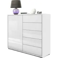 Vladon Sideboard Ben V2, Germany, Kommode mit 1 Tür und 5 Schubladen, Weiß matt/Weiß Hochglanz (79 x 74 x 36 cm)